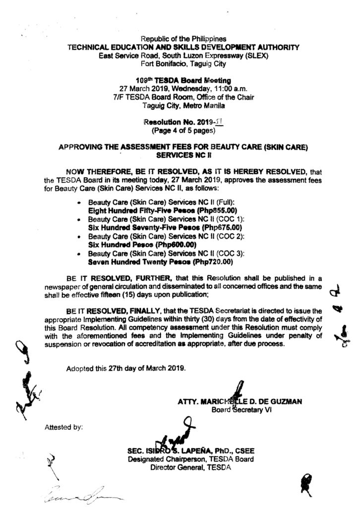 Assessment Fees for Senior High School Technical-Vocational-Livelihood Specializations