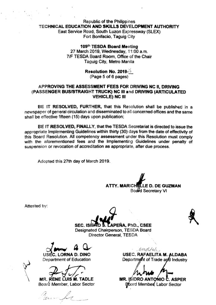 Assessment Fees for Senior High School Technical-Vocational-Livelihood Specializations