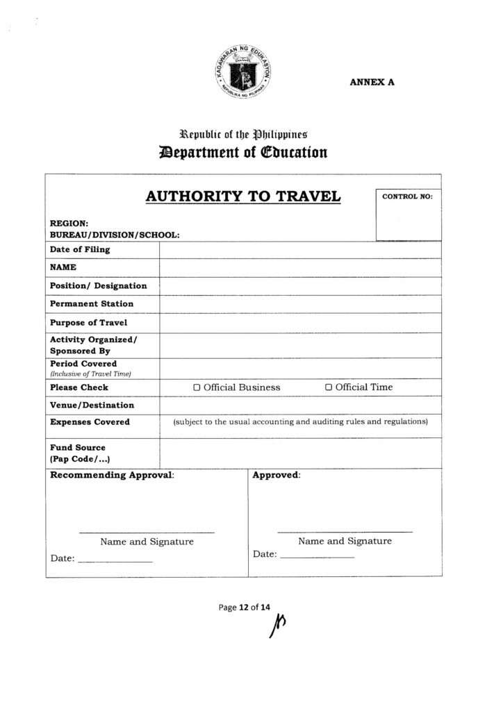 2019 DepEd Authority to Travel Form