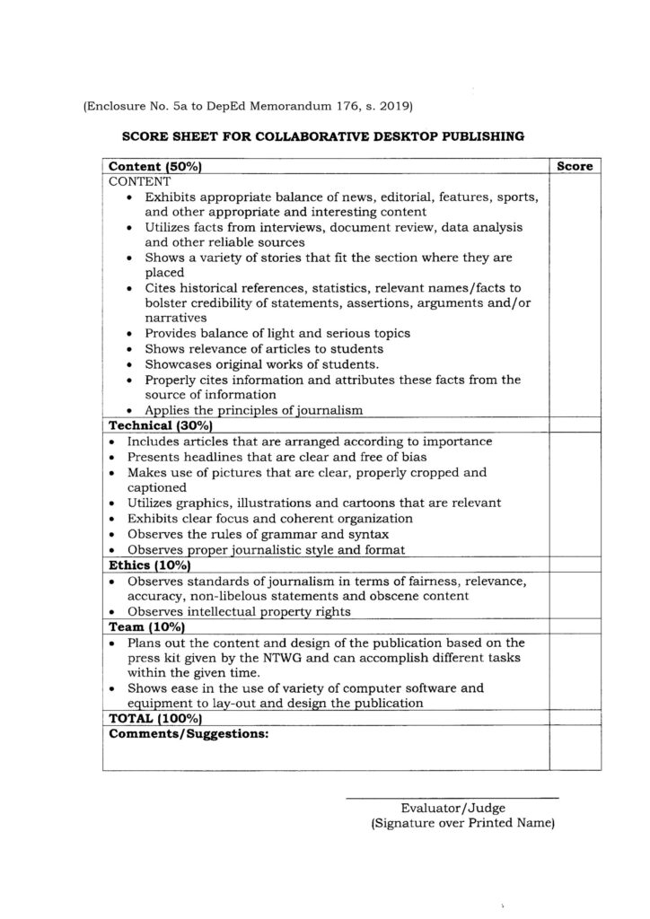 2020 NATIONAL SCHOOLS PRESS CONFERENCE (NSPC) - SCORE SHEET FOR COLLABORATIVE DESKTOP PUBLISHING