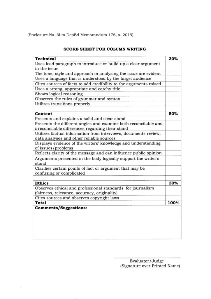 2020 NATIONAL SCHOOLS PRESS CONFERENCE (NSPC) - SCORE SHEET FOR COLUMN WRITING