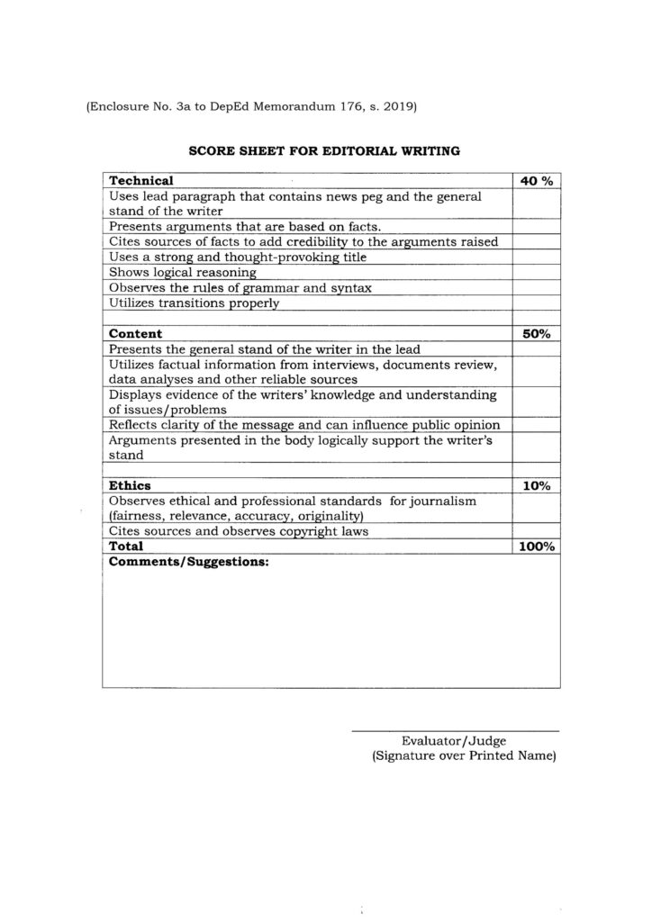 2020 NATIONAL SCHOOLS PRESS CONFERENCE - SCORE SHEET FOR EDITORIAL WRITING