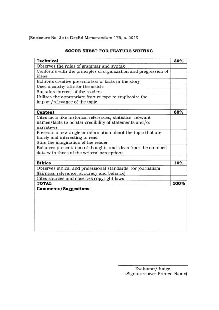 2020 NATIONAL SCHOOLS PRESS CONFERENCE (NSPC) - SCORE SHEET FOR FEATURE WRITING