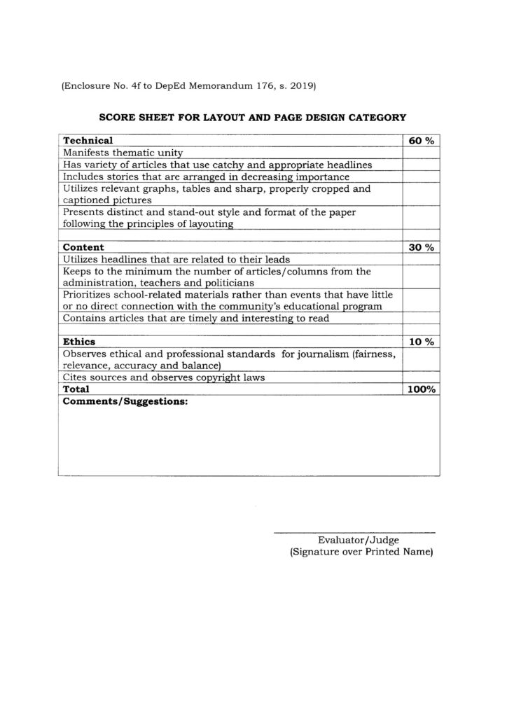 2020 NATIONAL SCHOOLS PRESS CONFERENCE (NSPC) - SCORE SHEET FOR LAYOUT AND PAGE DESIGN CATEGORY