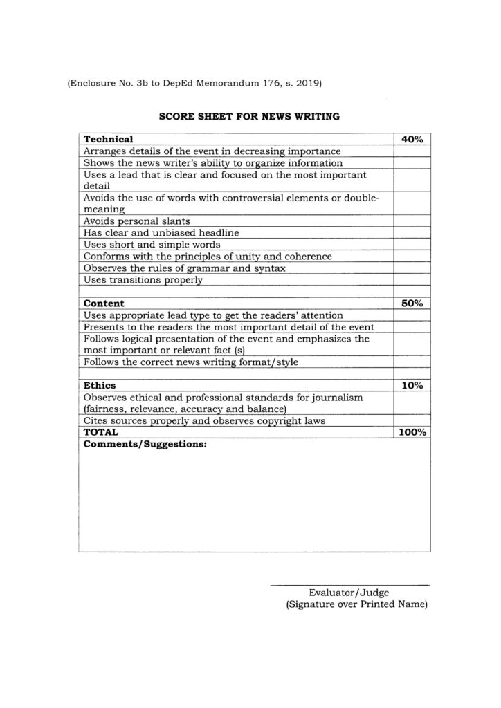 2020 NATIONAL SCHOOLS PRESS CONFERENCE - SCORE SHEET FOR NEWS WRITING