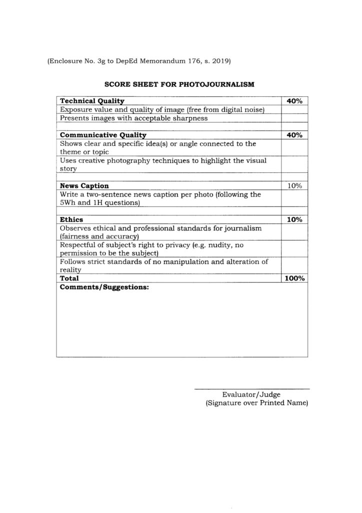2020 NATIONAL SCHOOLS PRESS CONFERENCE (NSPC) - SCORE SHEET FOR PHOTOJOURNALISM
