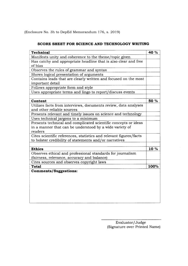 2020 NATIONAL SCHOOLS PRESS CONFERENCE (NSPC) - SCORE SHEET FOR SCIENCE AND TECHNOLOGY WRITING