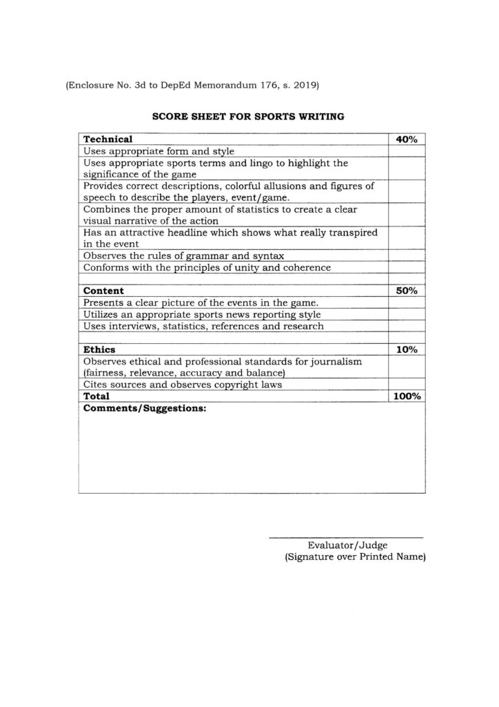 2020 NATIONAL SCHOOLS PRESS CONFERENCE (NSPC) - SCORE SHEET FOR SPORTS WRITING