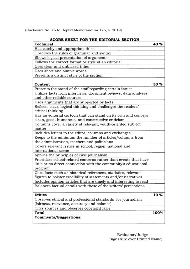 2020 NATIONAL SCHOOLS PRESS CONFERENCE (NSPC) - SCORE SHEET FOR THE EDITORIAL SECTION