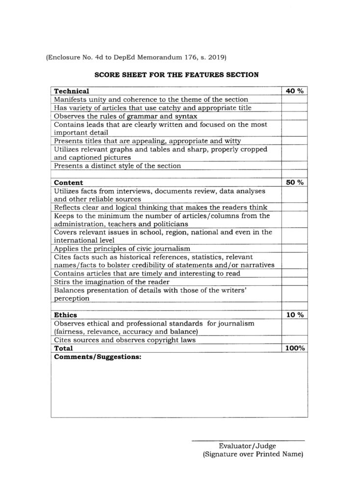 2020 NATIONAL SCHOOLS PRESS CONFERENCE (NSPC) - SCORE SHEET FOR THE FEATURES SECTION