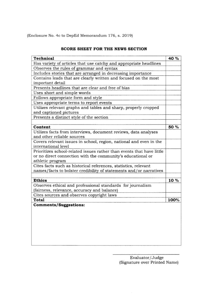 2020 NATIONAL SCHOOLS PRESS CONFERENCE (NSPC) - SCORE SHEET FOR THE NEWS SECTION