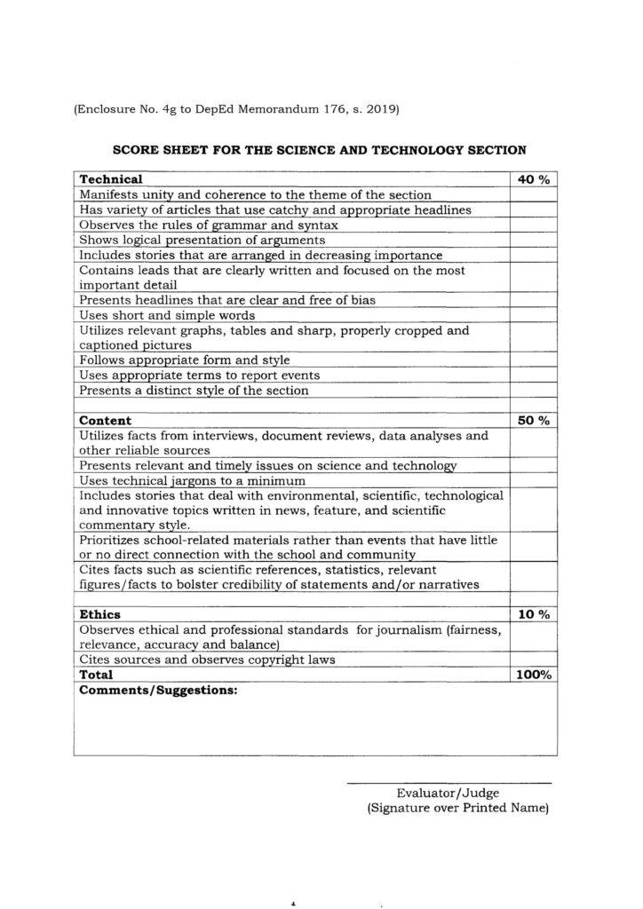 2020 NATIONAL SCHOOLS PRESS CONFERENCE (NSPC) - SCORE SHEET FOR THE SCIENCE AND TECHNOLOGY SECTION