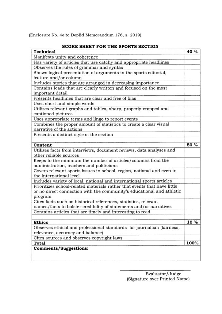 2020 NATIONAL SCHOOLS PRESS CONFERENCE (NSPC) - SCORE SHEET FOR THE SPORTS SECTION