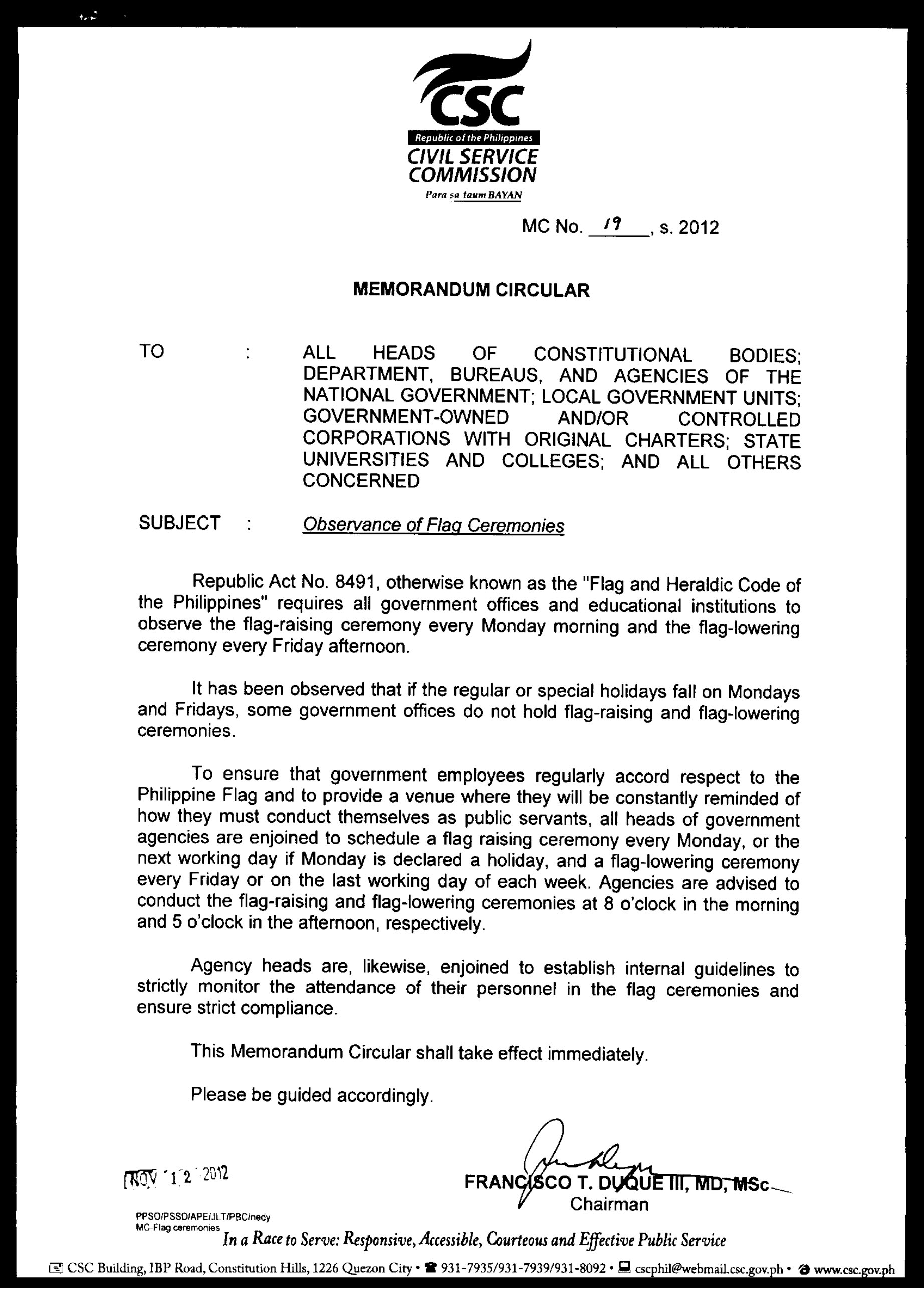 CSC Memorandum Circular on Flag Ceremonies TeacherPH