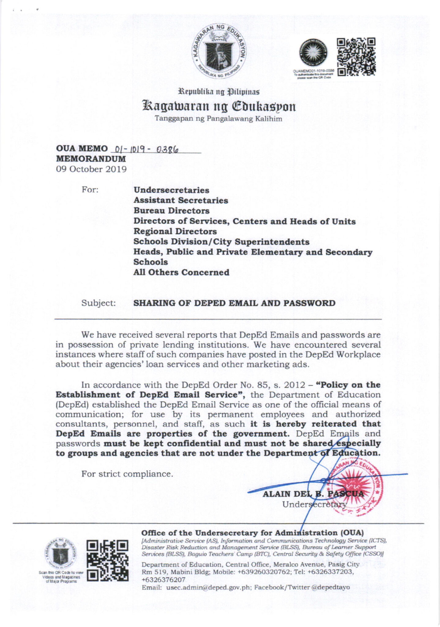 Sharing of deped email and password teacherph