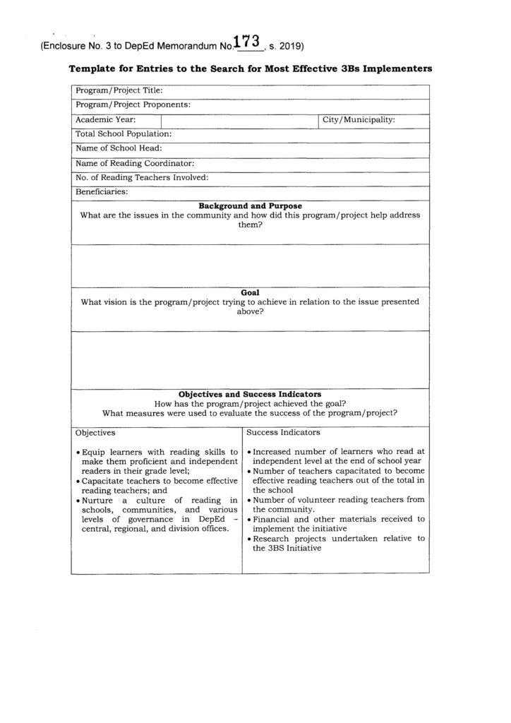 Template for Entries to the Search for Most Effective 3Bs Implementers