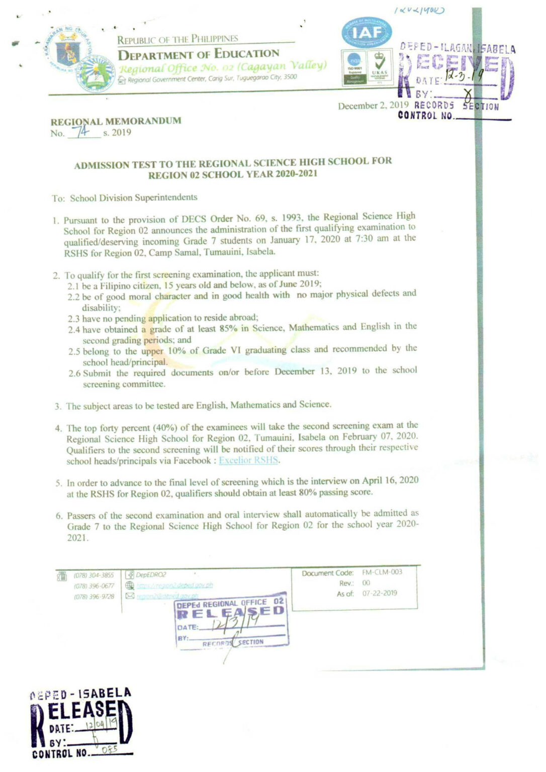 Admission Test to the Regional Science High School for Region 02 for SY