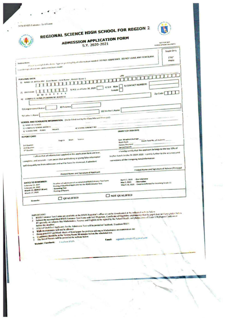 ADMISSION TEST TO THE REGIONAL SCIENCE HIGH SCHOOL FOR REGION 02 FOR SY 2020-2021