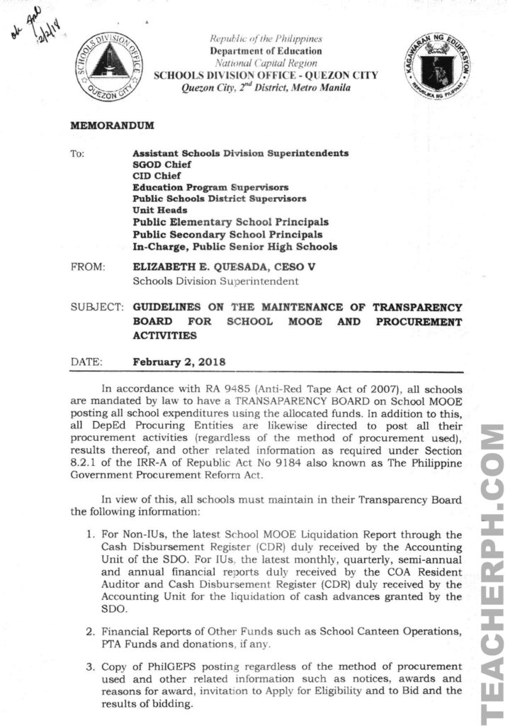 DEPED GUIDELINES ON THE MAINTENANCE OF TRANSPARENCY BOARD FOR SCHOOL MOOE AND PROCUREMENT ACTIVITIES