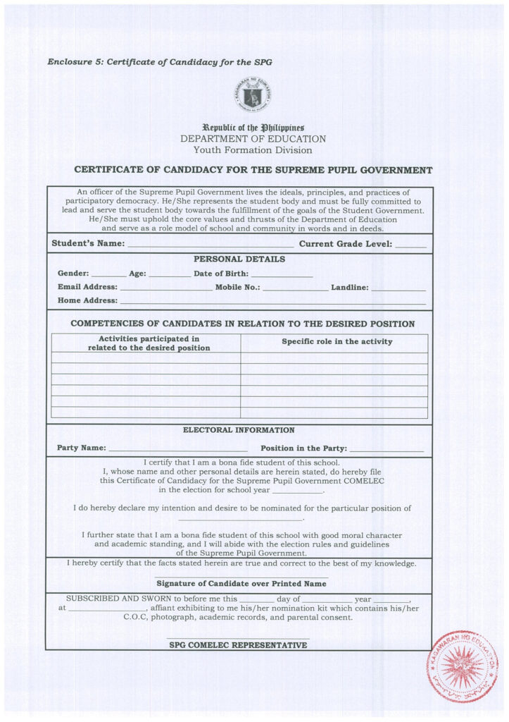 Certificate of Candidacy for the Supreme Pupil Government (SPG)