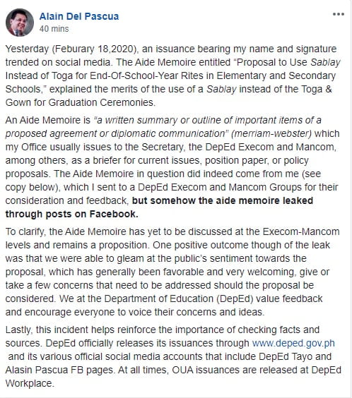 DepEd Undersecretary Alain Del Pascua Statement on the Proposal to Use Sablay Instead of Toga for End-Of-School-Year Rites