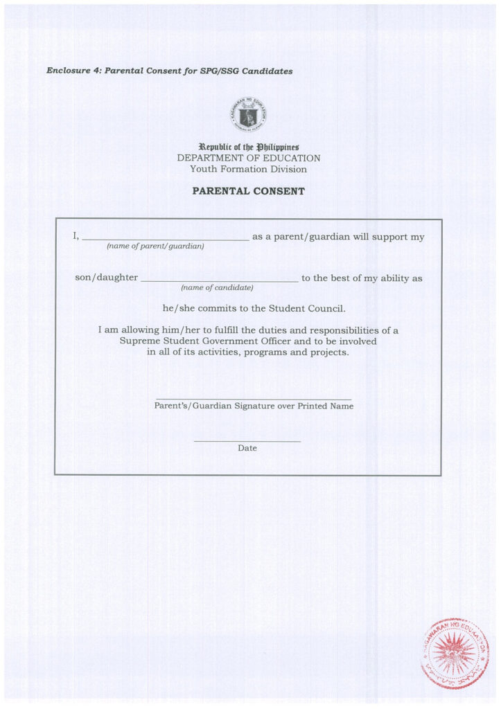 Parental Consent Form for SPG/SSG Candidates