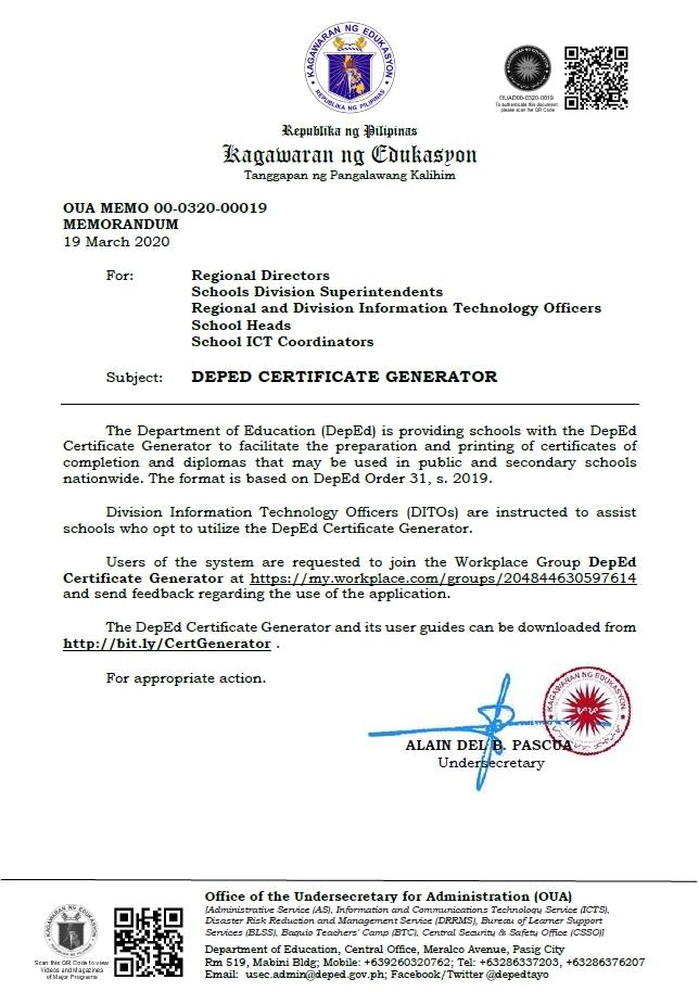 2020 DepEd Certificate Generator and User Guide Memorandum