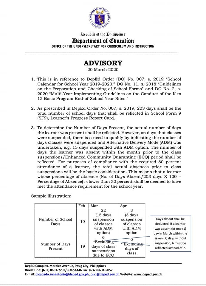 DepEd Advisory on Number of School Days