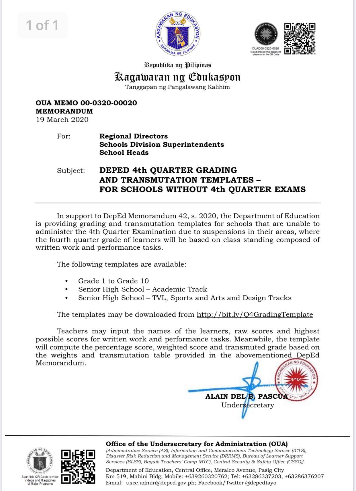 DepEd Official Transmutation Templates for Schools Without 4th Quarter Exams