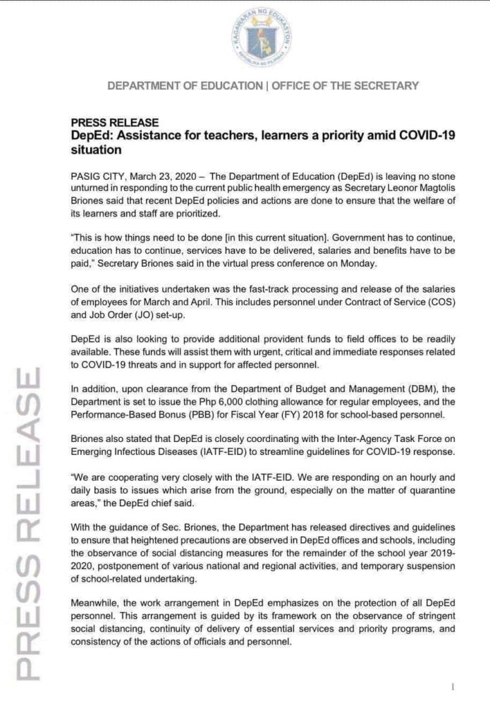 DepEd: Assistance for teachers, learners a priority amid COVID-19 situation