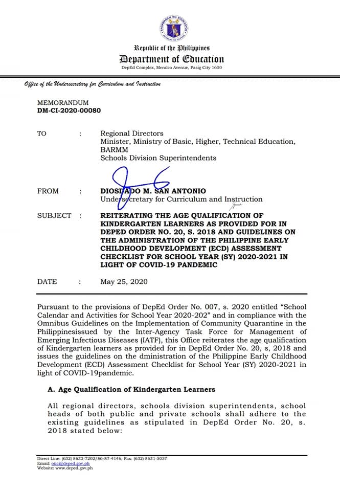 DepEd Memorandum on Age Qualification of Kindergarten Learners in Public and Private Schools
