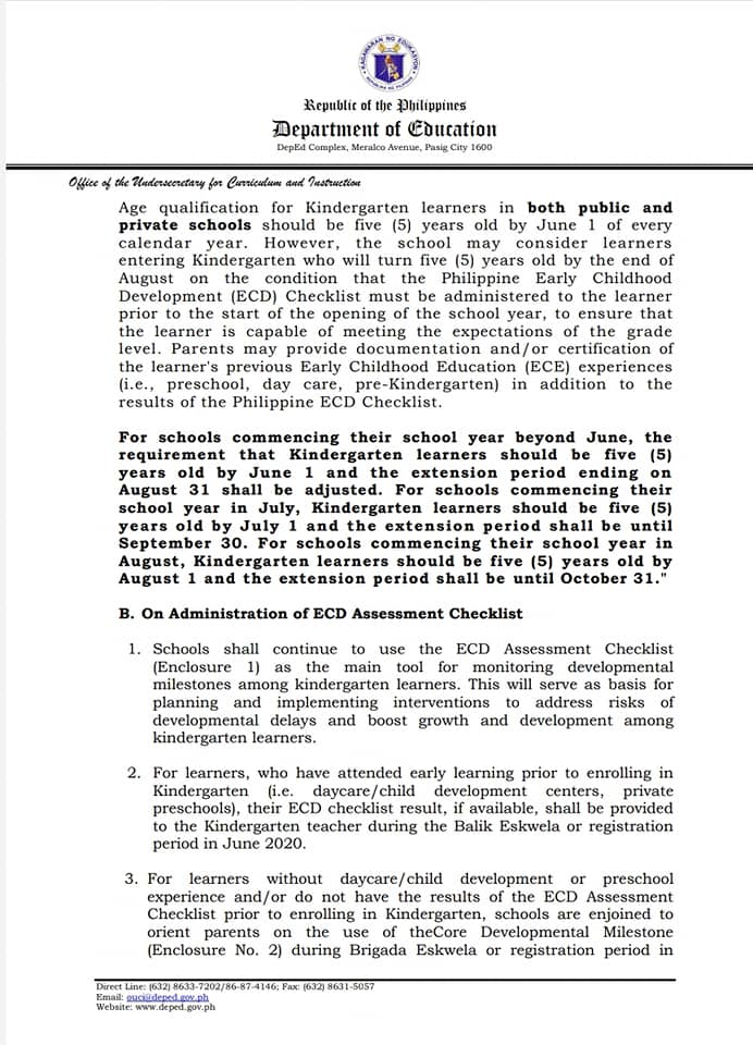 DepEd Memorandum on Age Qualification of Kindergarten Learners in Public and Private Schools