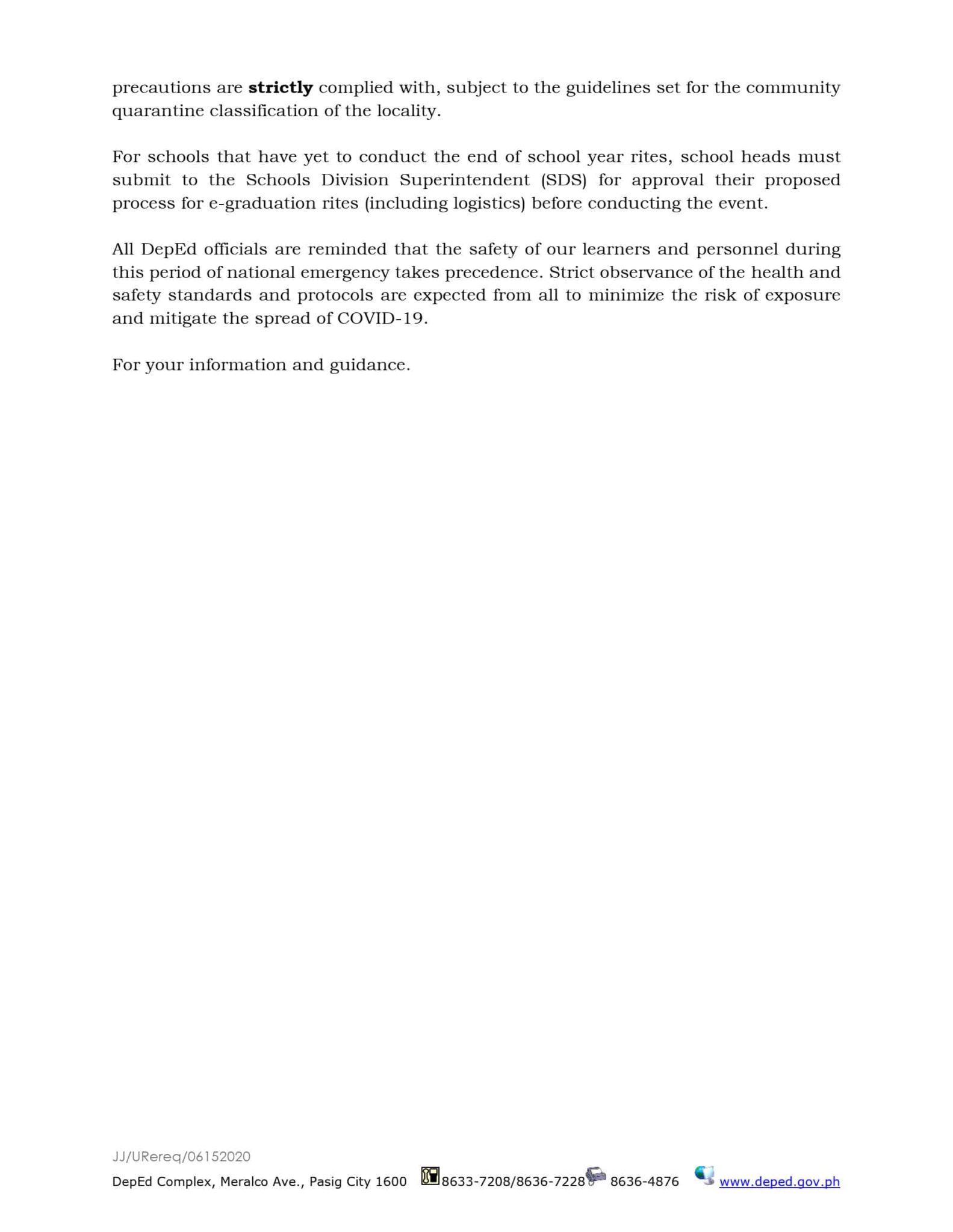 DepEd Memorandum on the Conduct of Graduation Rites During the COVID19