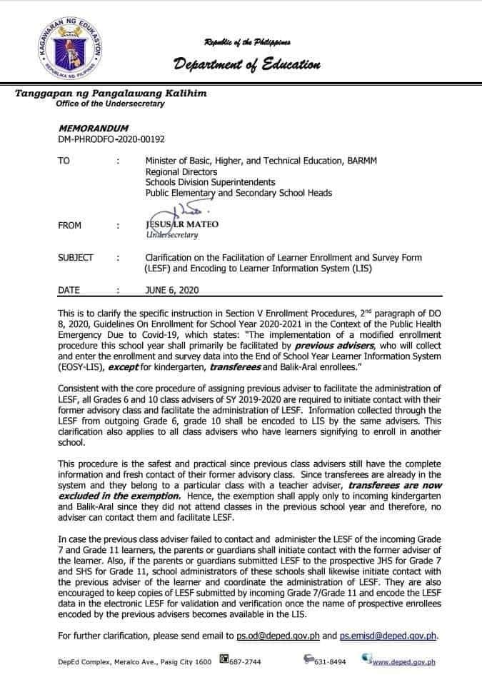 DepEd Memorandum on the Facilitation of LESF and Encoding to Learner Information System (LIS)