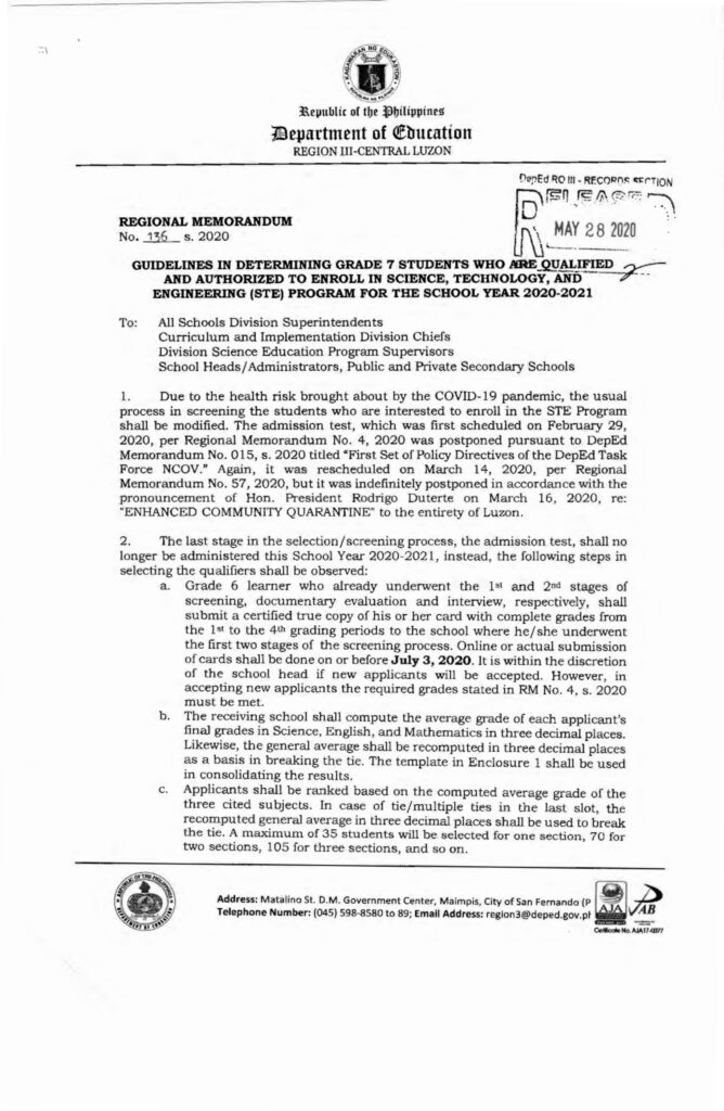 DepEd Region III STE Program Qualifications (Grade 7) for SY 2020-2021