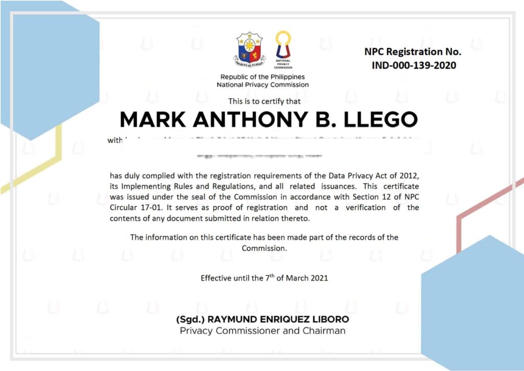 National Privacy Commission TeacherPH Certificate of Registration - Mark Anthony Llego Data Protection Officer