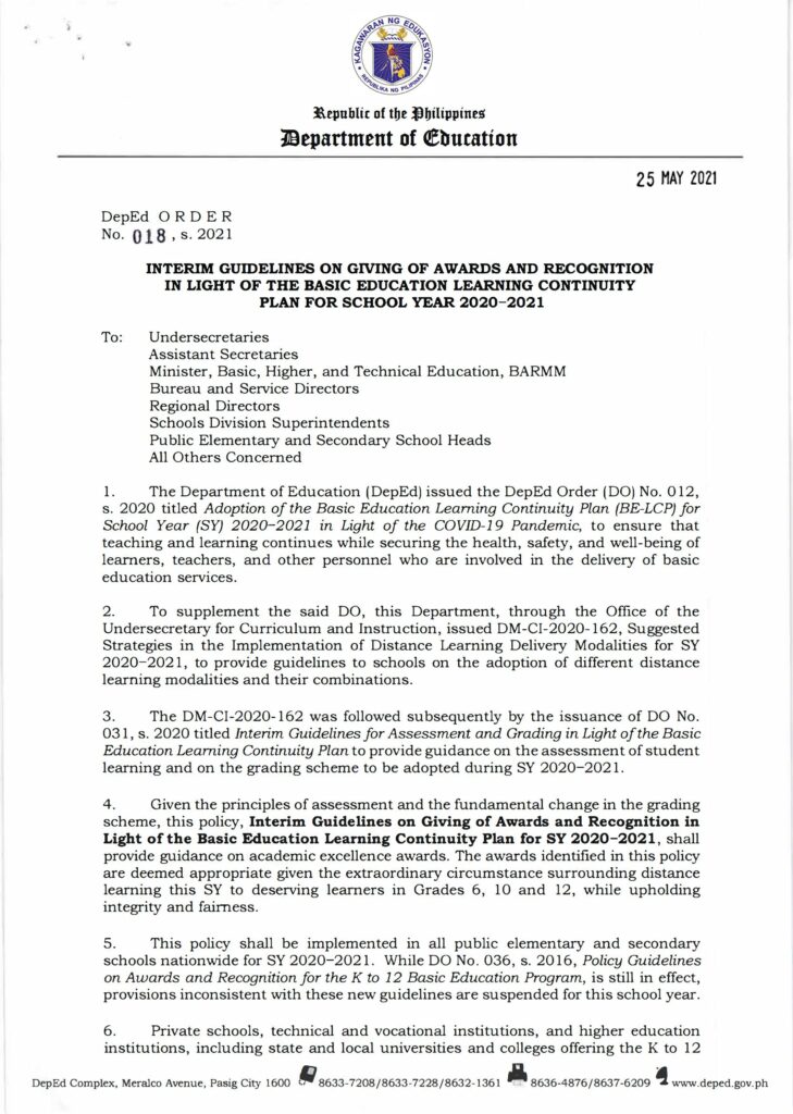 DepEd Interim Guidelines on Giving of Awards and Recognition in Light of the Basic Education Learning Continuity Plan for School Year 2020-2021
