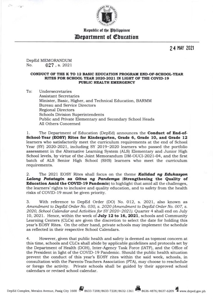 DepEd Conduct of the K to 12 Basic Education Program End-of-School-Year Rites for School Year 2020-2021 in Light of the COVID-19 Public Health Emergency