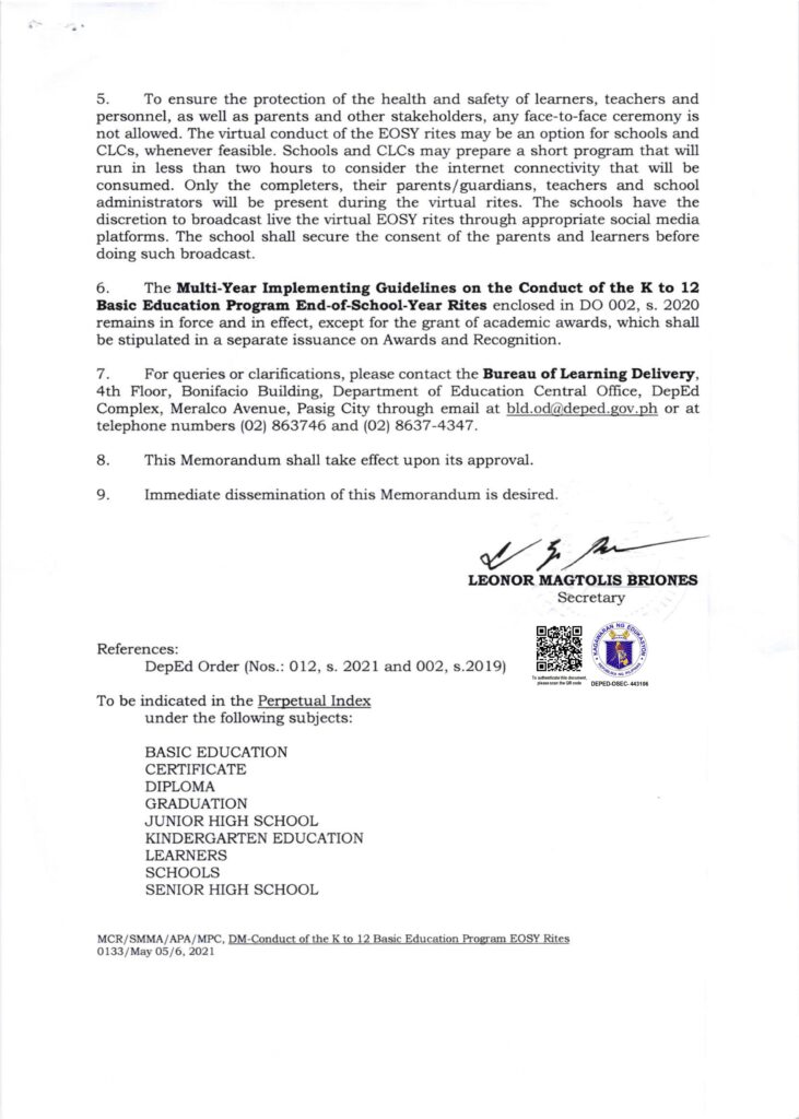 DepEd Conduct of the K to 12 Basic Education Program End-of-School-Year Rites for School Year 2020-2021 in Light of the COVID-19 Public Health Emergency