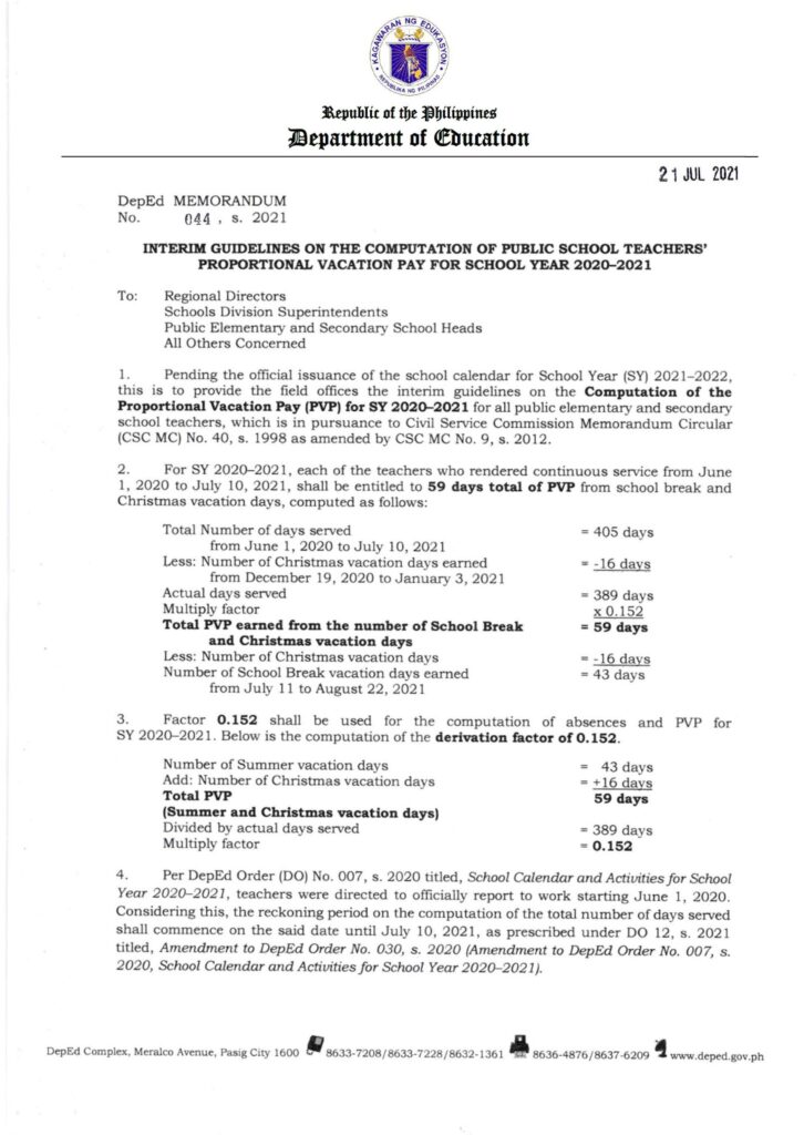 DepEd Public School Teachers’ Proportional Vacation Pay for School Year 2020-2021