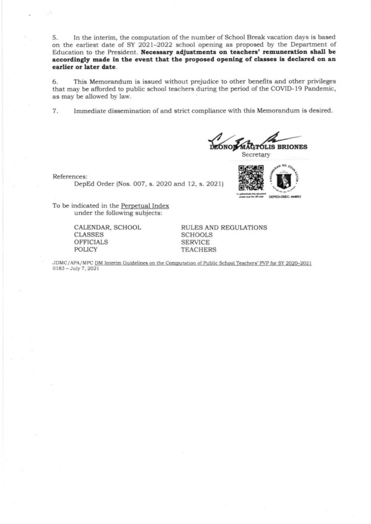 DepEd Public School Teachers’ Proportional Vacation Pay for School Year 2020-2021