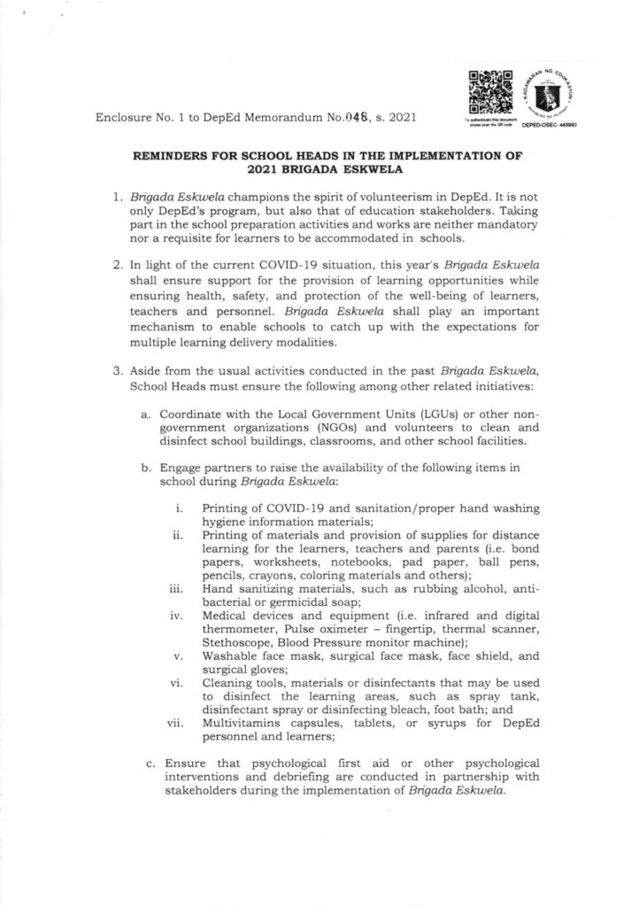 2021 DepEd Brigada Eskwela Implementing Guidelines