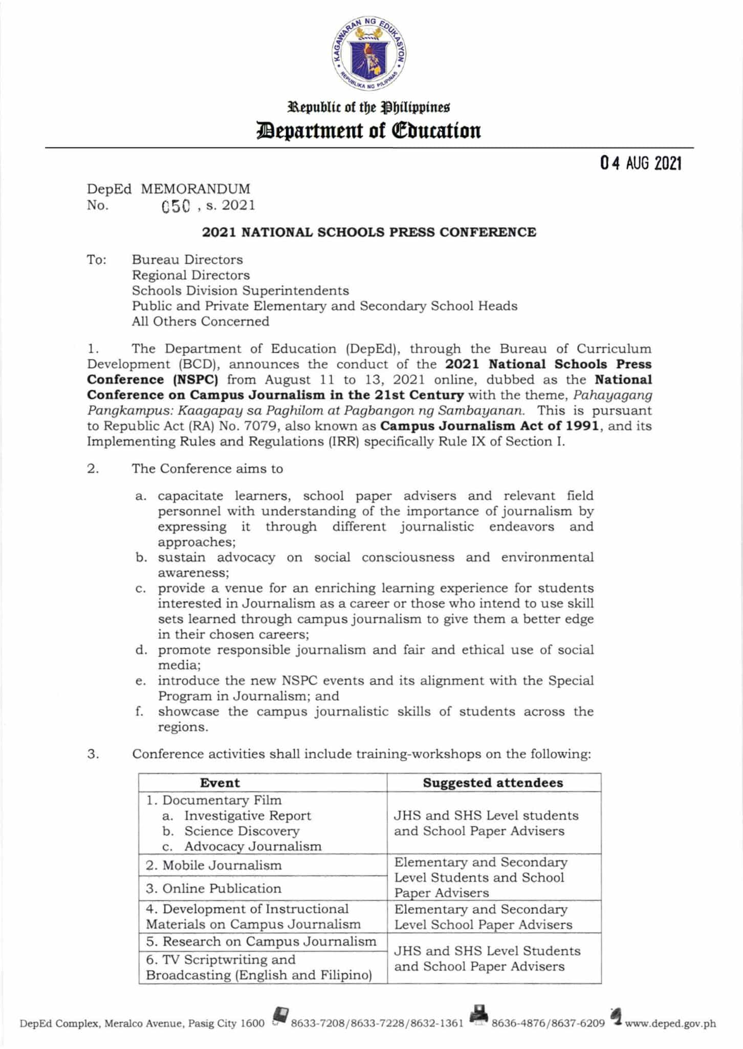 2021 National Schools Press Conference Theme, Schedule and Activities