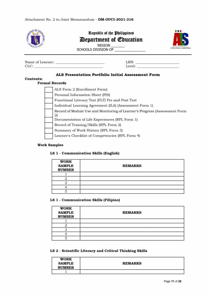 ALS Presentation Portfolio Initial Assessment Form