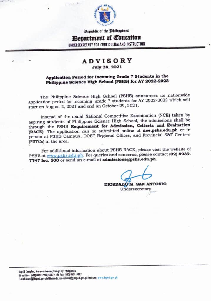 Application Period for Incoming Grade 7 Students in the Philippine Science High School (PSHS) for AY 2022-2023