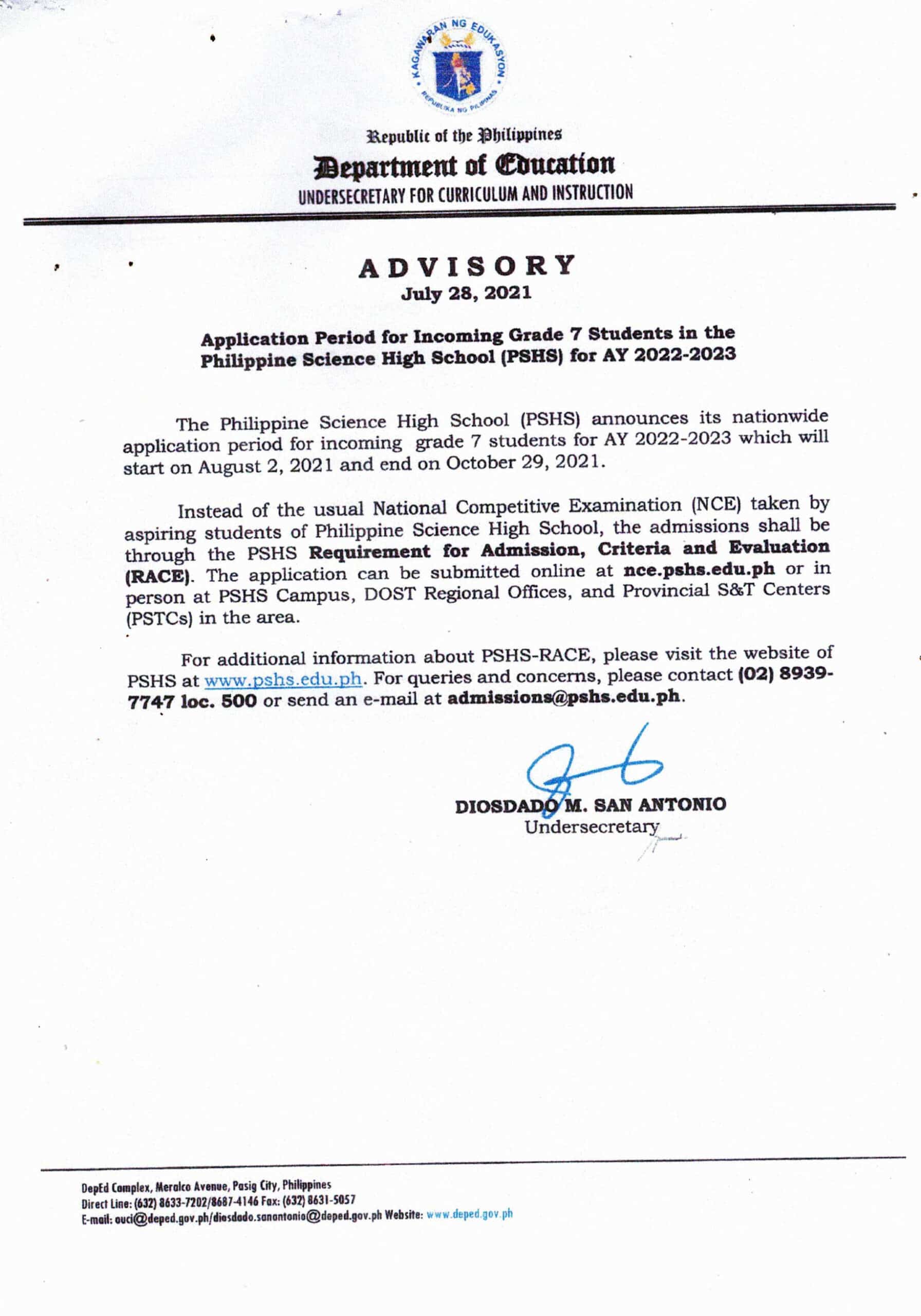 Philippine Science High School (PSHS) Application for AY 20222023