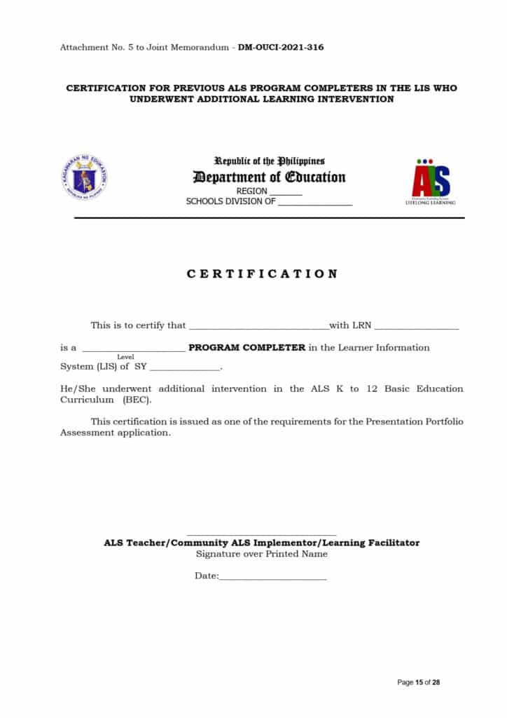 CERTIFICATION FOR PREVIOUS ALS PROGRAM COMPLETERS IN THE LIS WHO UNDERWENT ADDITIONAL LEARNING INTERVENTION