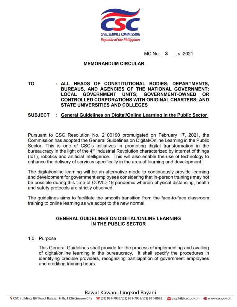 CSC MC No. 03, s. 2021 - General Guidelines on Digital/Online Learning in the Public Sector