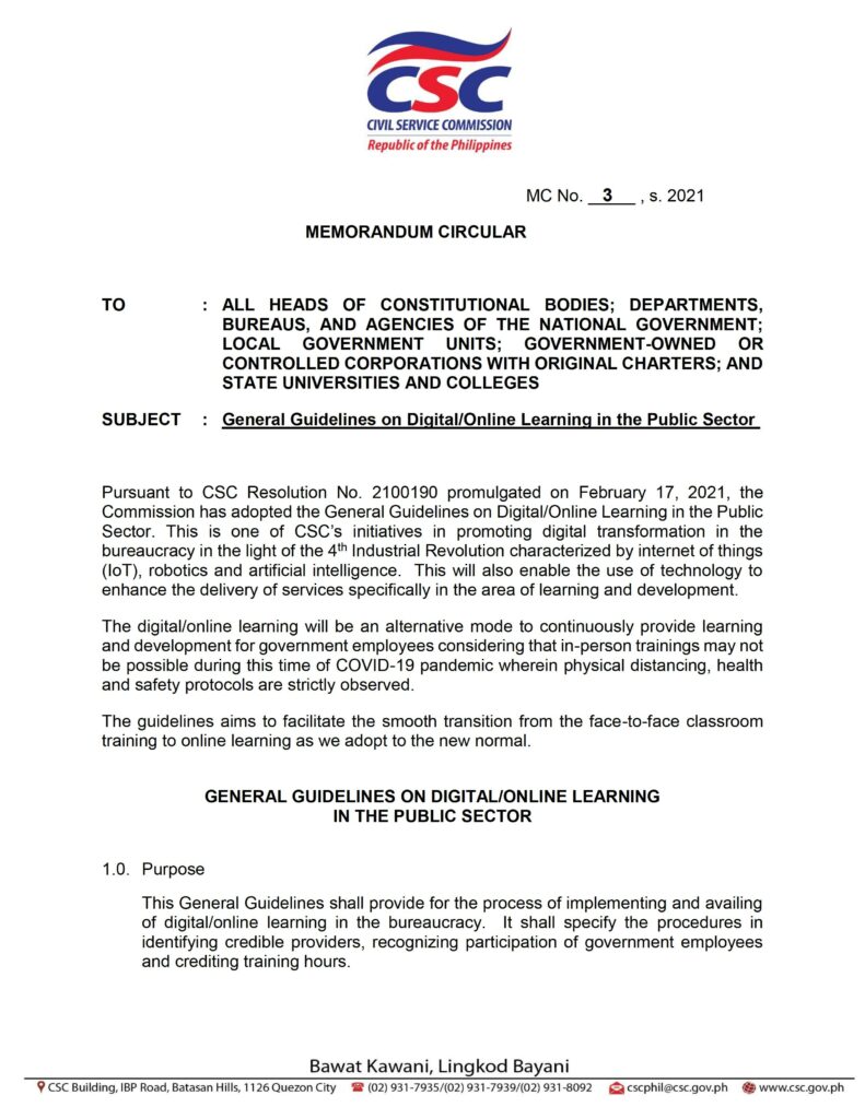  CSC MC No. 03, s. 2021 - General Guidelines on Digital/Online Learning in the Public Sector 