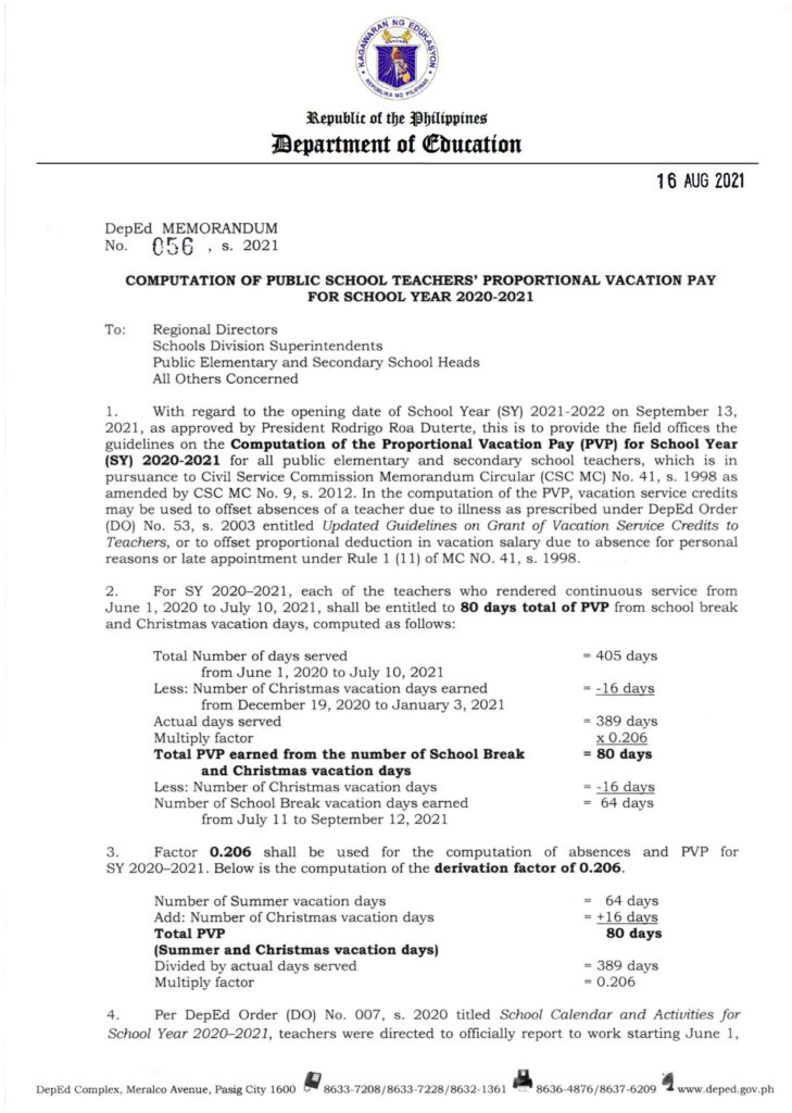 DepEd Computation of Public School Teachers’ Proportional Vacation Pay for School Year 2020–2021 - DepEd Memorandum No. 56, s. 2021